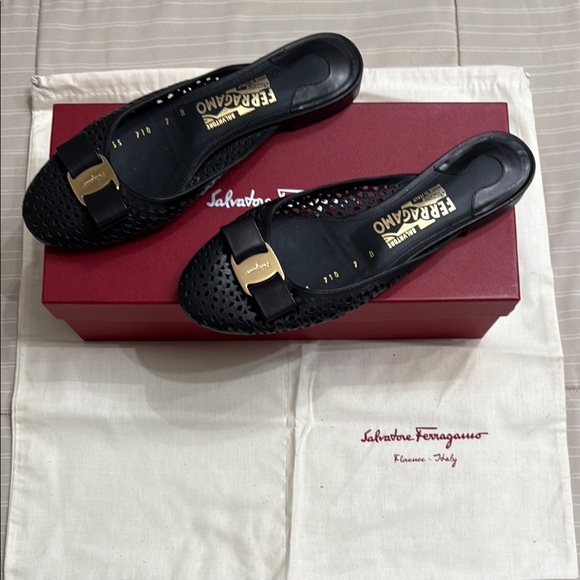 Salvatore Ferragamo Black Flats with Gold Detail